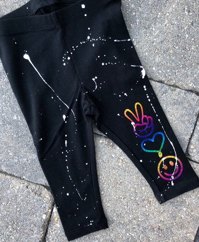 Custom Splatter Painted Leggings with rainbow foil peace, love, happy