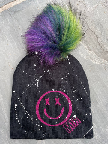 Knit Beanie Hat with Jewel tone Pom and smile
