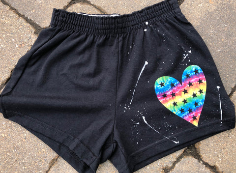 Girls Soffe Shorts-Black with tie dye stars in heart – Splatitude